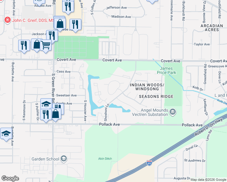 map of restaurants, bars, coffee shops, grocery stores, and more near 5630 Kiowa Circle in Evansville