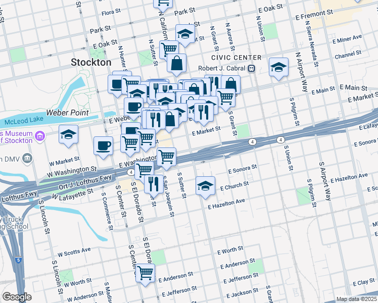 map of restaurants, bars, coffee shops, grocery stores, and more near 201 California Street in Stockton