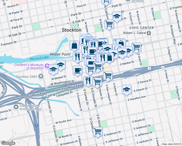 map of restaurants, bars, coffee shops, grocery stores, and more near 119 South Hunter Street in Stockton