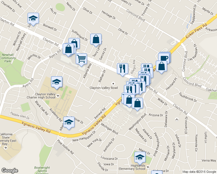 map of restaurants, bars, coffee shops, grocery stores, and more near 5322 Balhan Court in Concord