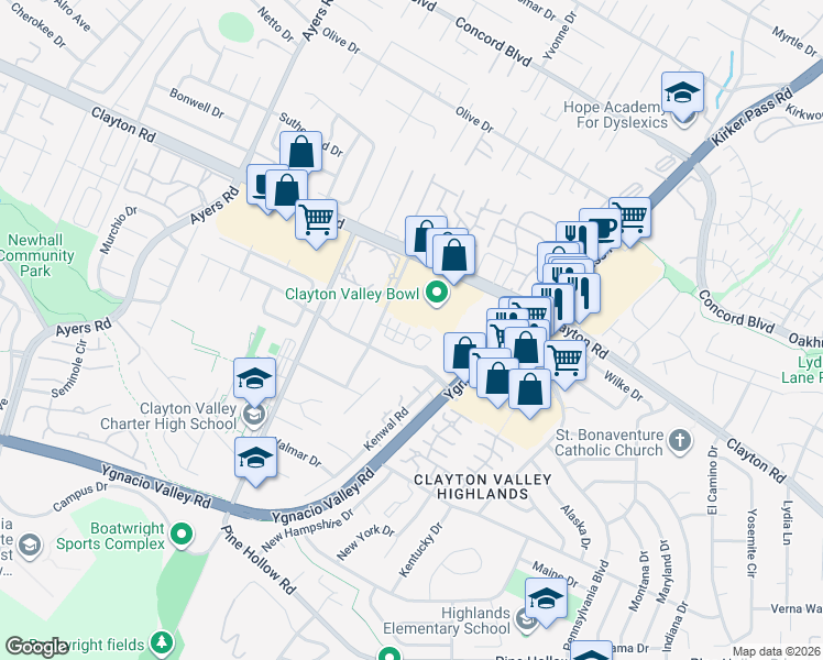 map of restaurants, bars, coffee shops, grocery stores, and more near 5322 Balhan Court in Concord