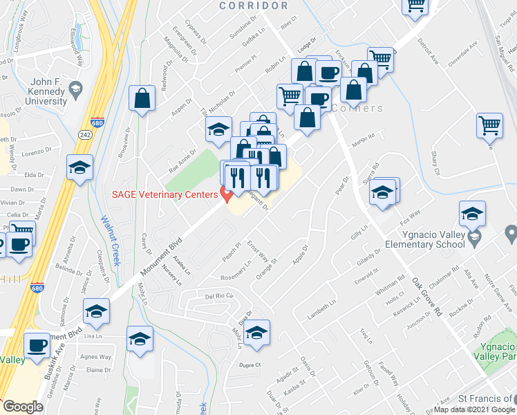 map of restaurants, bars, coffee shops, grocery stores, and more near 1065 Reganti Drive in Concord