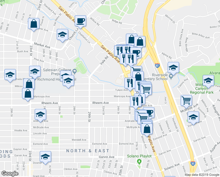 map of restaurants, bars, coffee shops, grocery stores, and more near 3257 Tulare Avenue in Richmond
