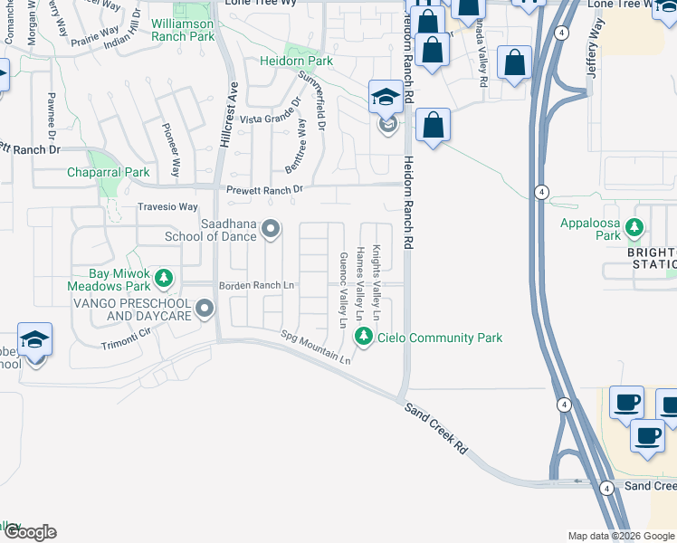 map of restaurants, bars, coffee shops, grocery stores, and more near 5352 Guenoc Valley Lane in Antioch