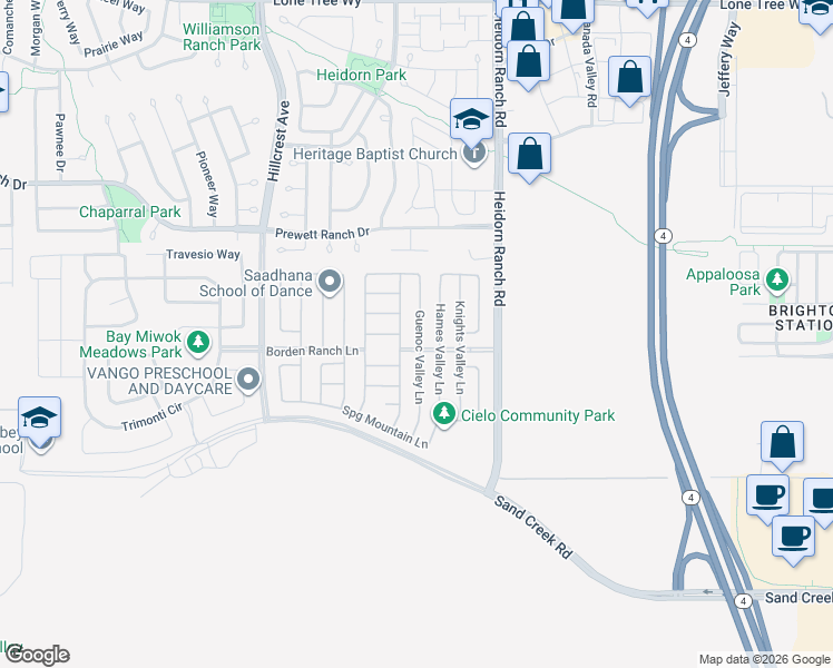 map of restaurants, bars, coffee shops, grocery stores, and more near 5580 Saddle Rock Lane in Antioch