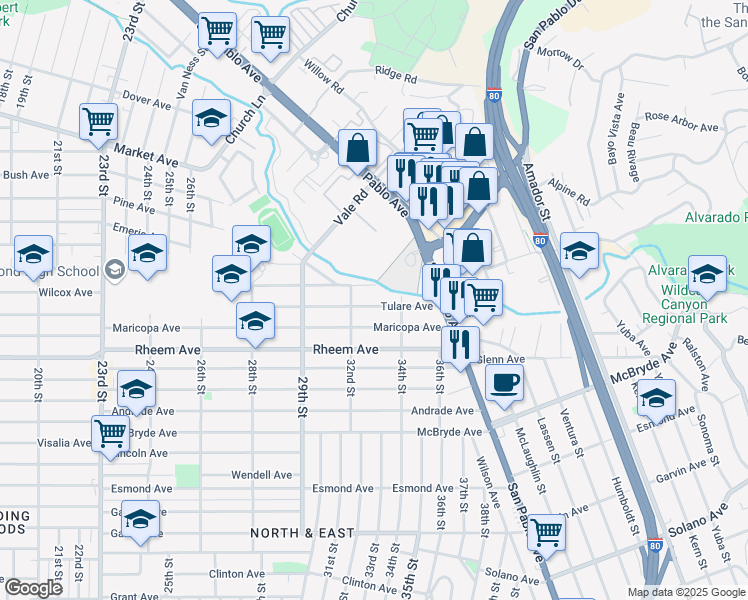 map of restaurants, bars, coffee shops, grocery stores, and more near 3239 Tulare Avenue in Richmond