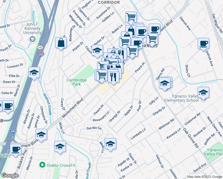 map of restaurants, bars, coffee shops, grocery stores, and more near 1065 Reganti Drive in Concord