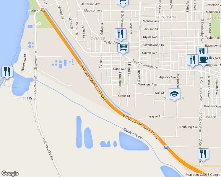 map of restaurants, bars, coffee shops, grocery stores, and more near 1813 Judson Street in Evansville
