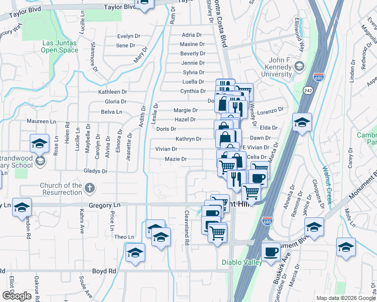 map of restaurants, bars, coffee shops, grocery stores, and more near 125 Vivian Drive in Pleasant Hill