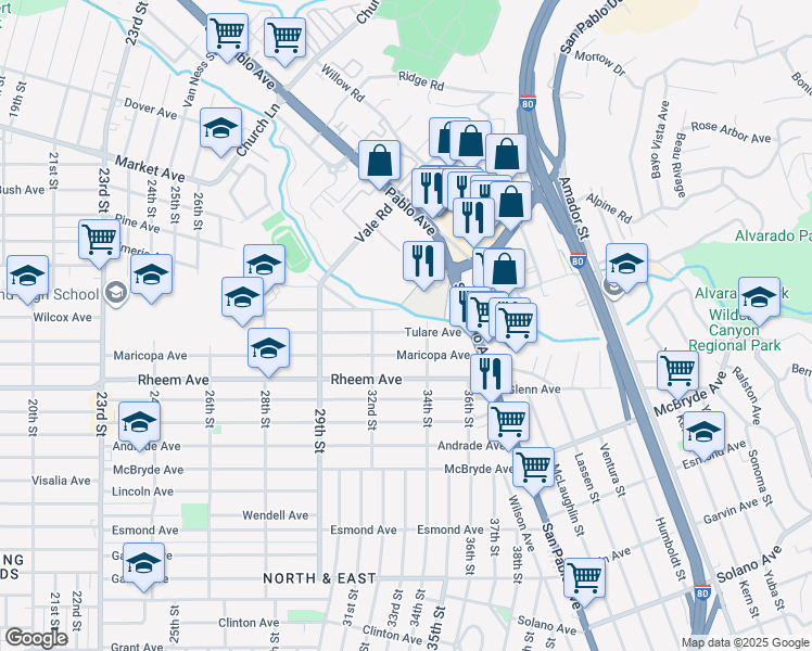 map of restaurants, bars, coffee shops, grocery stores, and more near 3257 Tulare Avenue in Richmond