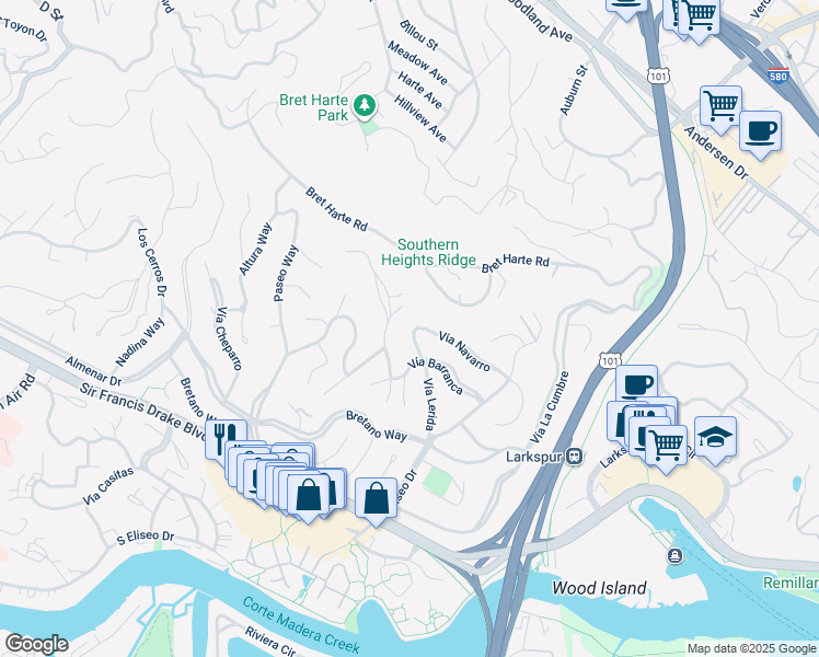 map of restaurants, bars, coffee shops, grocery stores, and more near 291 Vía Lerida in Larkspur