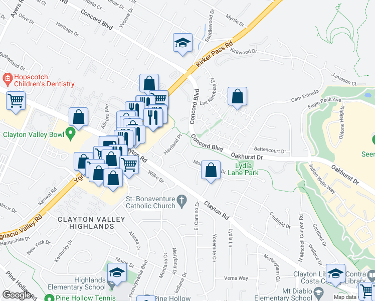 map of restaurants, bars, coffee shops, grocery stores, and more near 5521 Southbrook Drive in Clayton