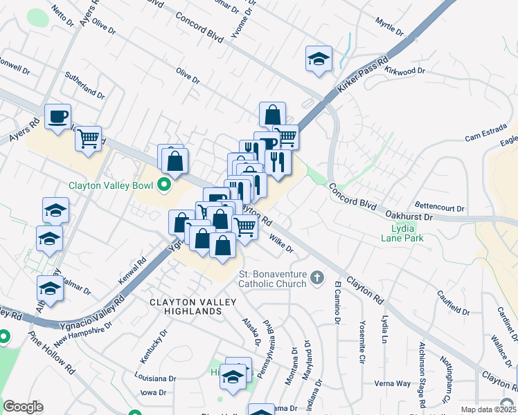 map of restaurants, bars, coffee shops, grocery stores, and more near 5441 Clayton Road in Clayton