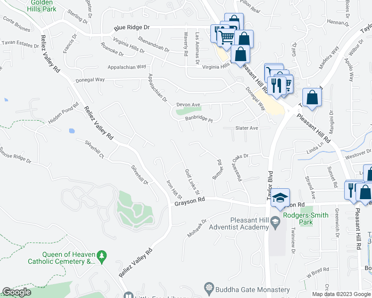 map of restaurants, bars, coffee shops, grocery stores, and more near 1868 Buttner Road in Pleasant Hill