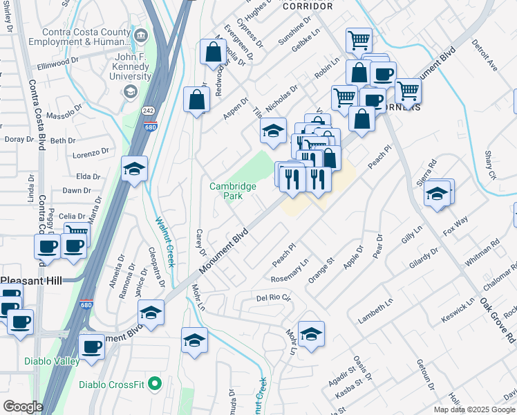 map of restaurants, bars, coffee shops, grocery stores, and more near 1391 Monument Boulevard in Concord
