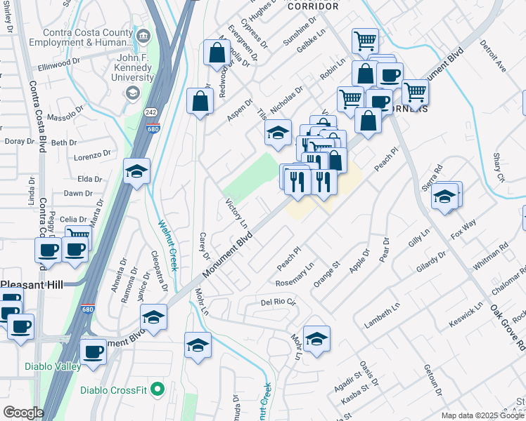 map of restaurants, bars, coffee shops, grocery stores, and more near 1391 Monument Boulevard in Concord