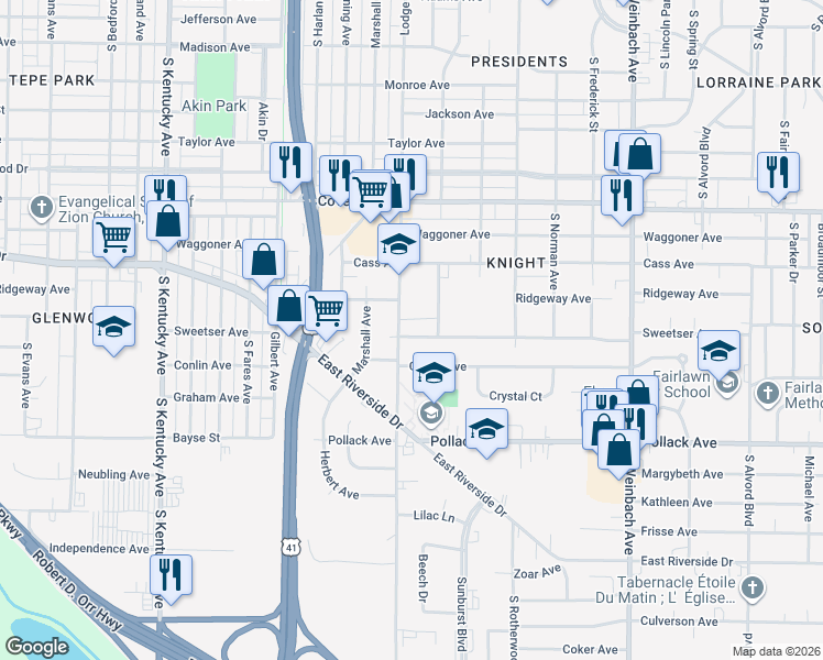 map of restaurants, bars, coffee shops, grocery stores, and more near 1406 Sweetser Avenue in Evansville