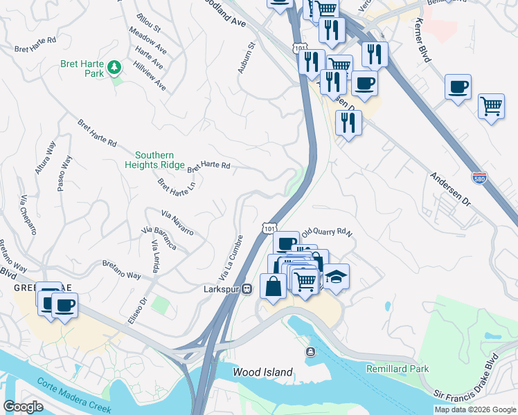 map of restaurants, bars, coffee shops, grocery stores, and more near 20 Corte Placida in Larkspur