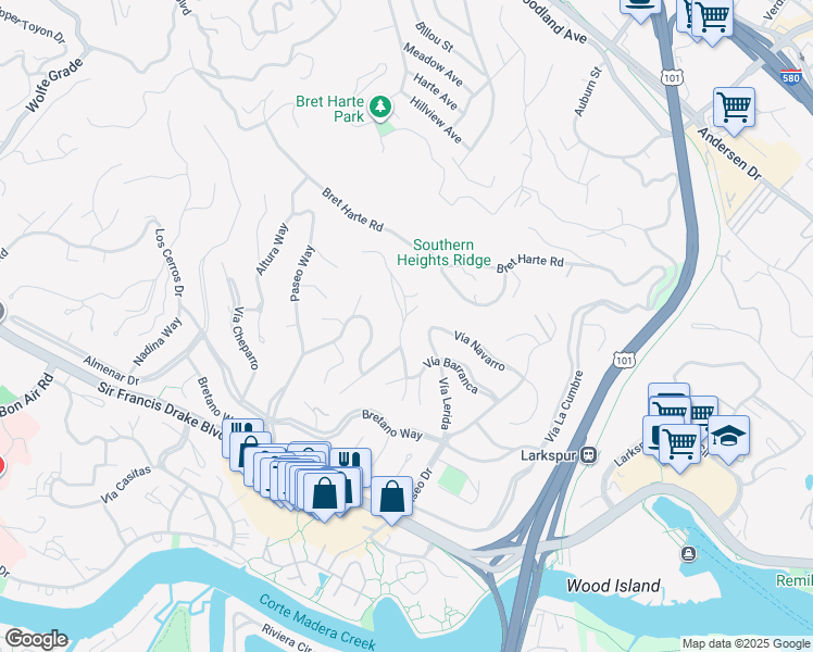 map of restaurants, bars, coffee shops, grocery stores, and more near 270 Via la Paz in Larkspur