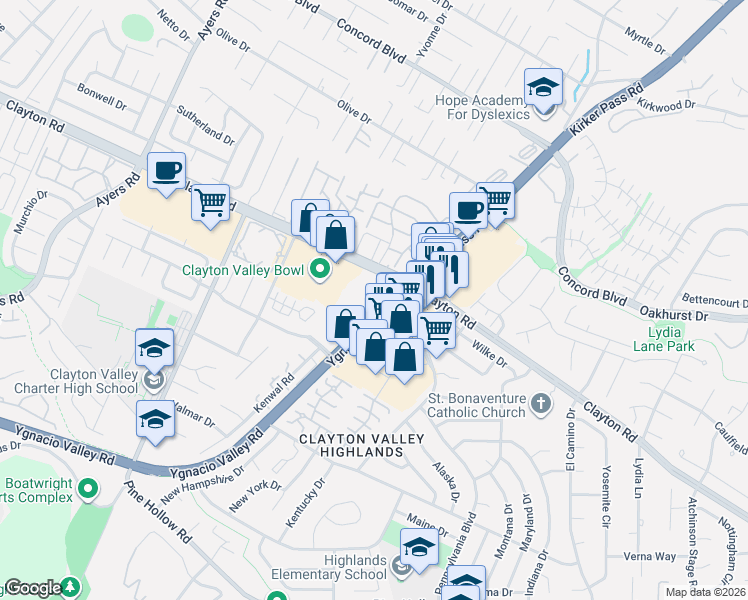 map of restaurants, bars, coffee shops, grocery stores, and more near 5388 Ygnacio Valley Road in Concord