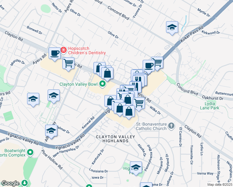 map of restaurants, bars, coffee shops, grocery stores, and more near 5388 Ygnacio Valley Road in Concord