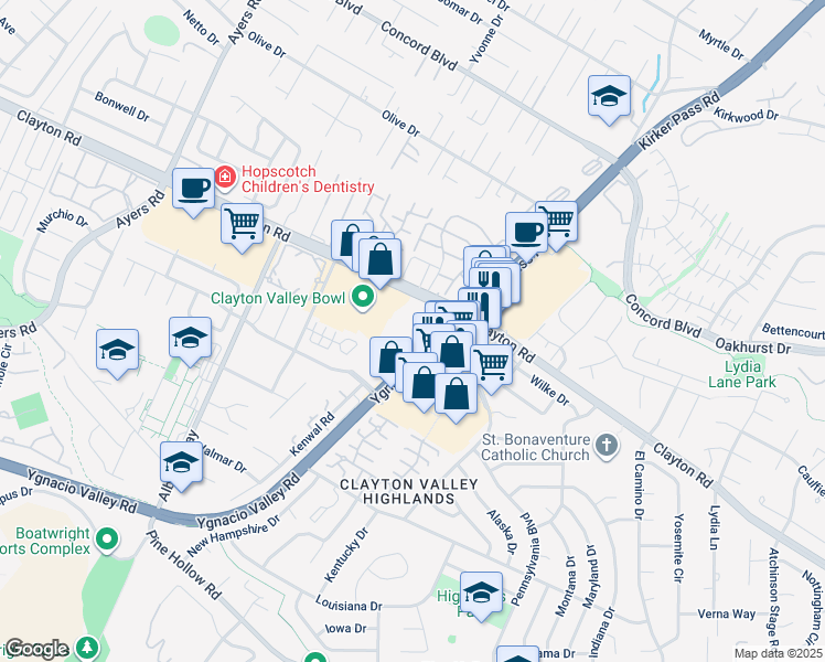 map of restaurants, bars, coffee shops, grocery stores, and more near 5378 Clayton Road in Concord