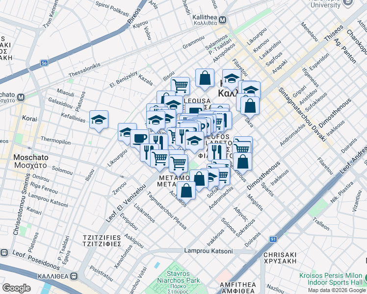map of restaurants, bars, coffee shops, grocery stores, and more near in Kallithea