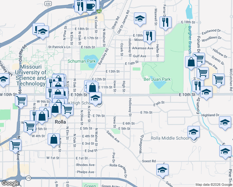 map of restaurants, bars, coffee shops, grocery stores, and more near 607 State Highway BB in Rolla