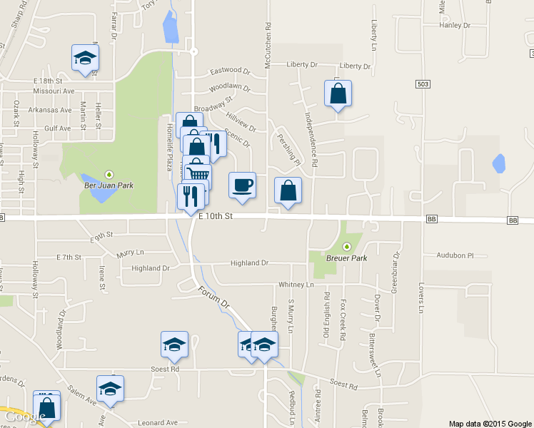 map of restaurants, bars, coffee shops, grocery stores, and more near 1450 East 10th Street in Rolla