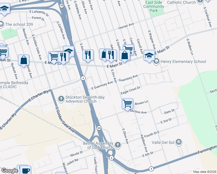 map of restaurants, bars, coffee shops, grocery stores, and more near 3950 Guernsey Avenue in Stockton
