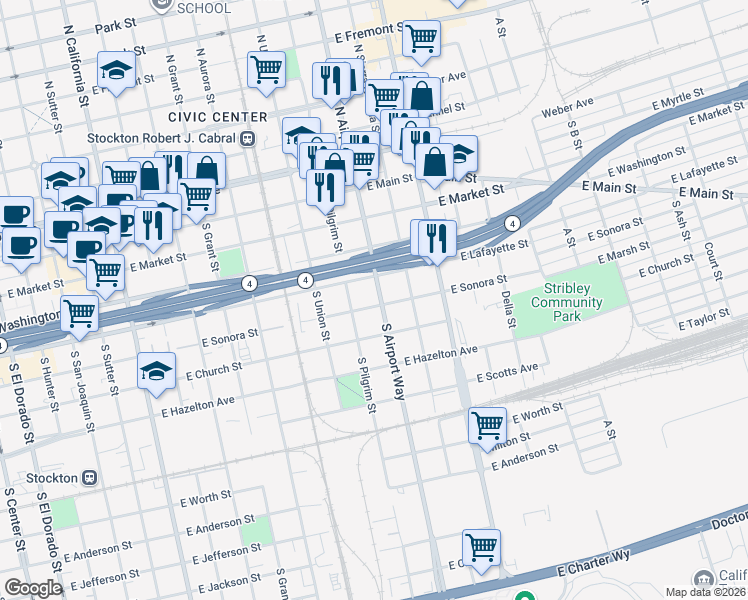 map of restaurants, bars, coffee shops, grocery stores, and more near 343 South Airport Way in Stockton