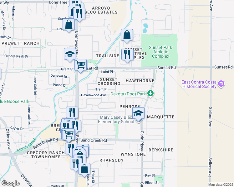 map of restaurants, bars, coffee shops, grocery stores, and more near 1870 Connor Way in Brentwood