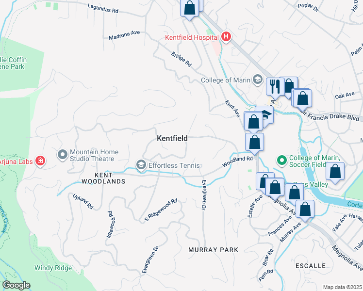 map of restaurants, bars, coffee shops, grocery stores, and more near 45 Diablo Drive in Kentfield
