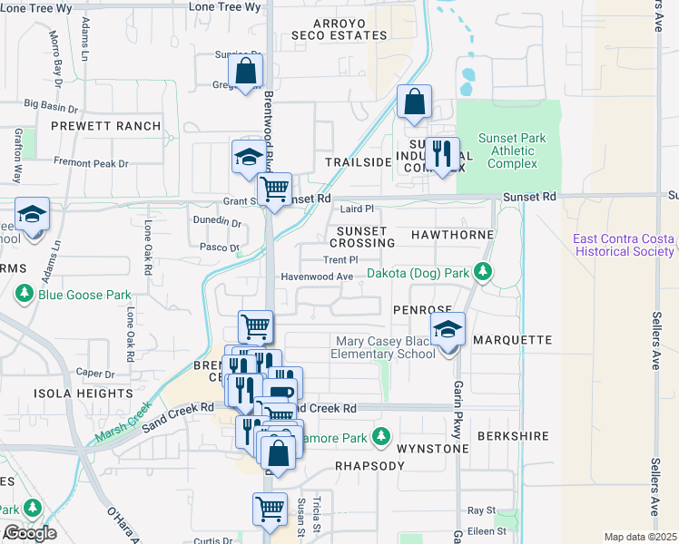 map of restaurants, bars, coffee shops, grocery stores, and more near 117 Havenwood Avenue in Brentwood