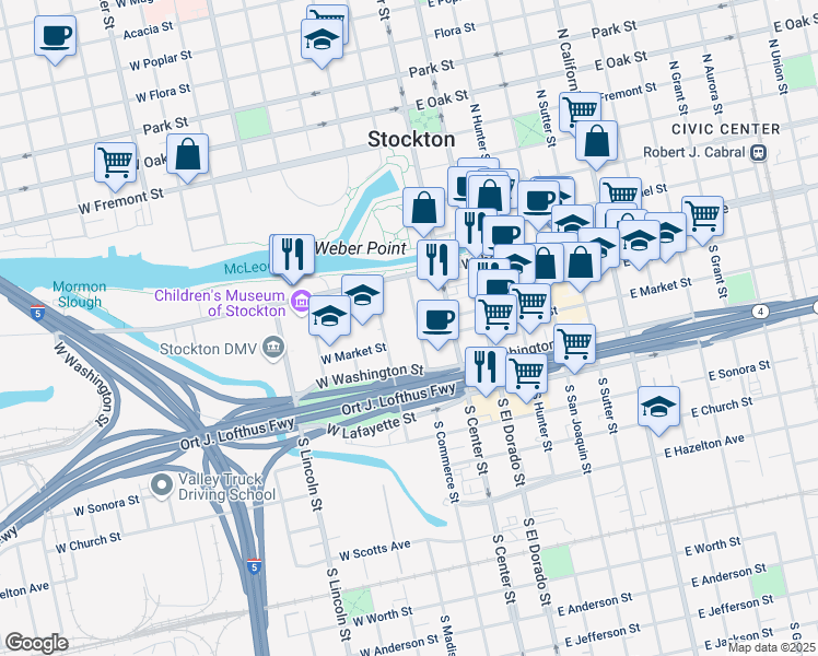 map of restaurants, bars, coffee shops, grocery stores, and more near 25 South Commerce Street in Stockton