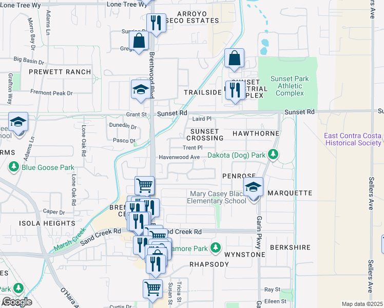 map of restaurants, bars, coffee shops, grocery stores, and more near 117 Havenwood Avenue in Brentwood