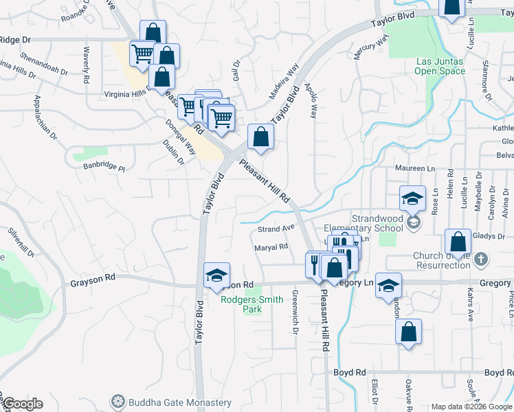 map of restaurants, bars, coffee shops, grocery stores, and more near 120 Linda Lane in Pleasant Hill