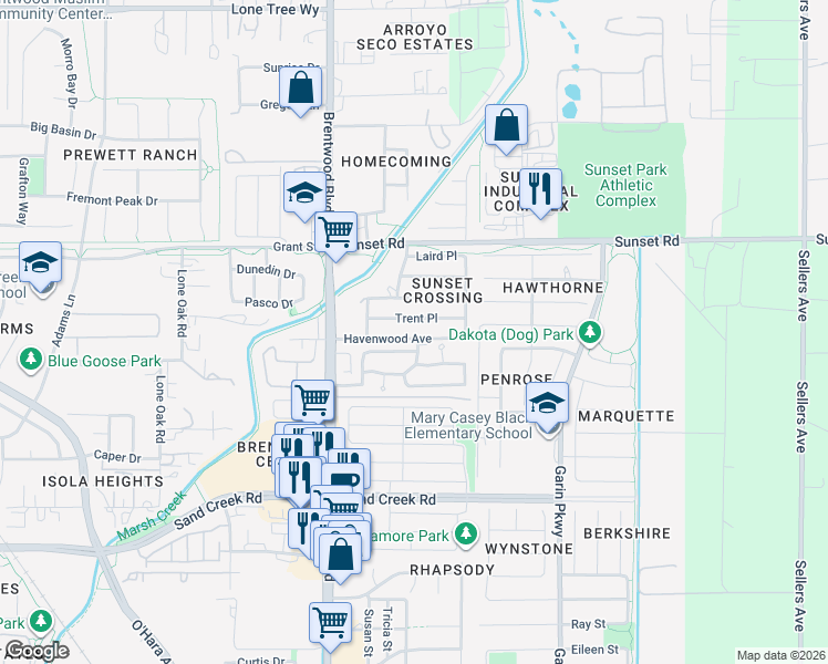 map of restaurants, bars, coffee shops, grocery stores, and more near 117 Havenwood Avenue in Brentwood