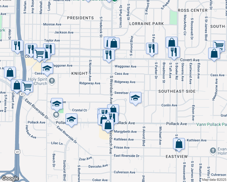 map of restaurants, bars, coffee shops, grocery stores, and more near 2000 Sweetser Avenue in Evansville