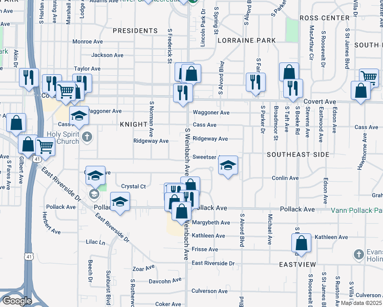 map of restaurants, bars, coffee shops, grocery stores, and more near 2000 Sweetser Avenue in Evansville
