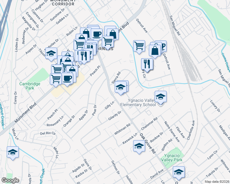 map of restaurants, bars, coffee shops, grocery stores, and more near 1971 Cameron Court in Concord