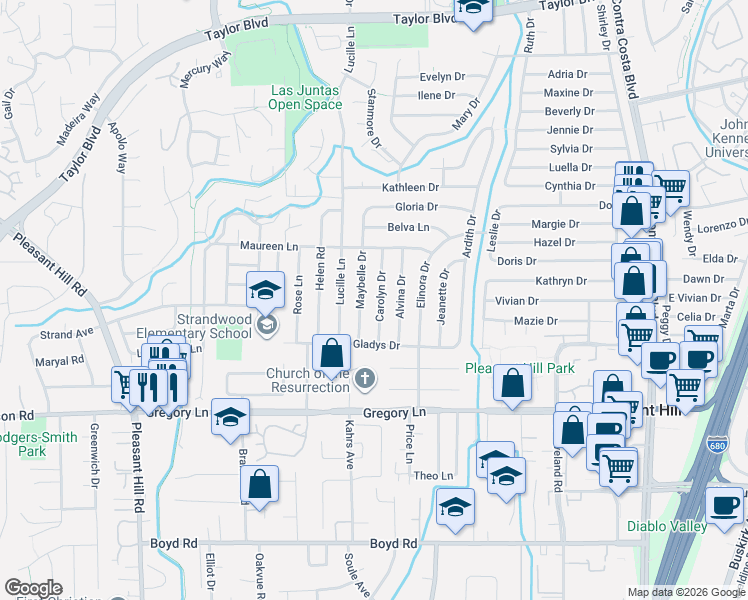 map of restaurants, bars, coffee shops, grocery stores, and more near 1961 Carolyn Drive in Pleasant Hill
