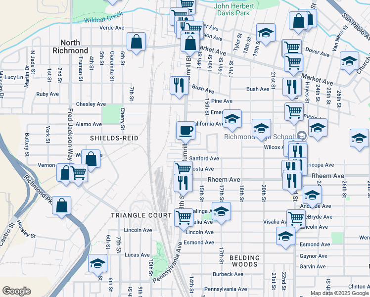 map of restaurants, bars, coffee shops, grocery stores, and more near 1312 Regina Avenue in San Pablo