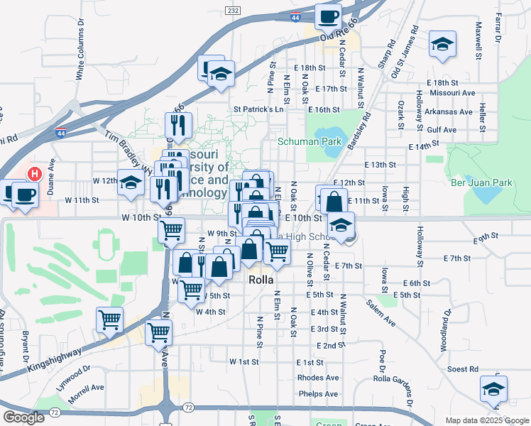 map of restaurants, bars, coffee shops, grocery stores, and more near 901 North Pine Street in Rolla