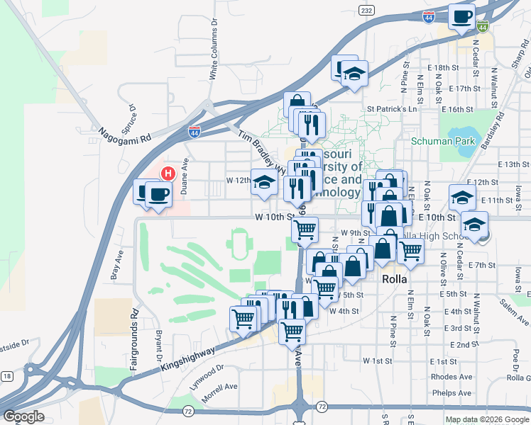 map of restaurants, bars, coffee shops, grocery stores, and more near 804 West 10th Street in Rolla