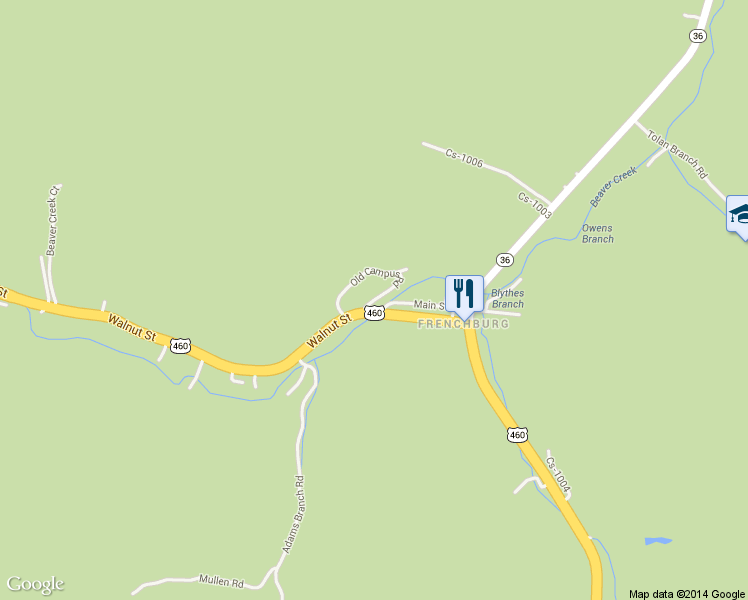 map of restaurants, bars, coffee shops, grocery stores, and more near Old Campus Rd in Frenchburg