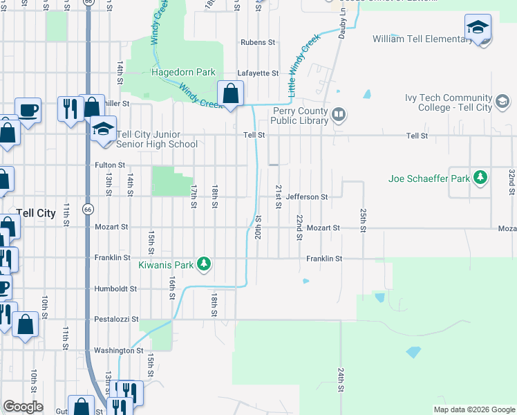 map of restaurants, bars, coffee shops, grocery stores, and more near 701 20th Street in Tell City