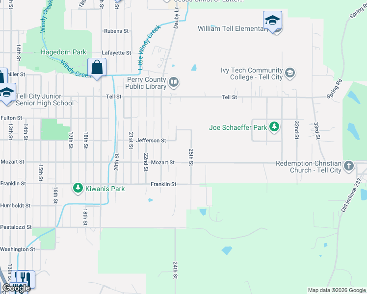map of restaurants, bars, coffee shops, grocery stores, and more near 602-698 25th Street in Tell City