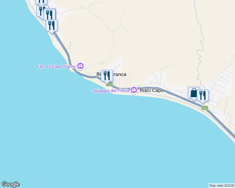 map of restaurants, bars, coffee shops, grocery stores, and more near 33 Via Nazionale Lazzaro in Città metropolitana di Reggio Calabria