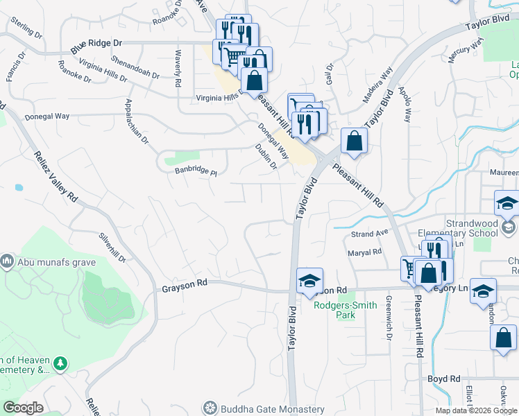 map of restaurants, bars, coffee shops, grocery stores, and more near 1025 Pleasant Oaks Drive in Pleasant Hill